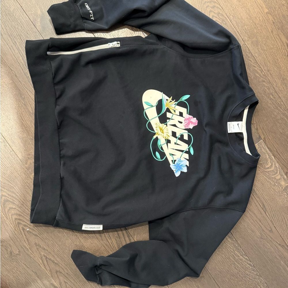 Black Crewneck Sweater with Floral Logo